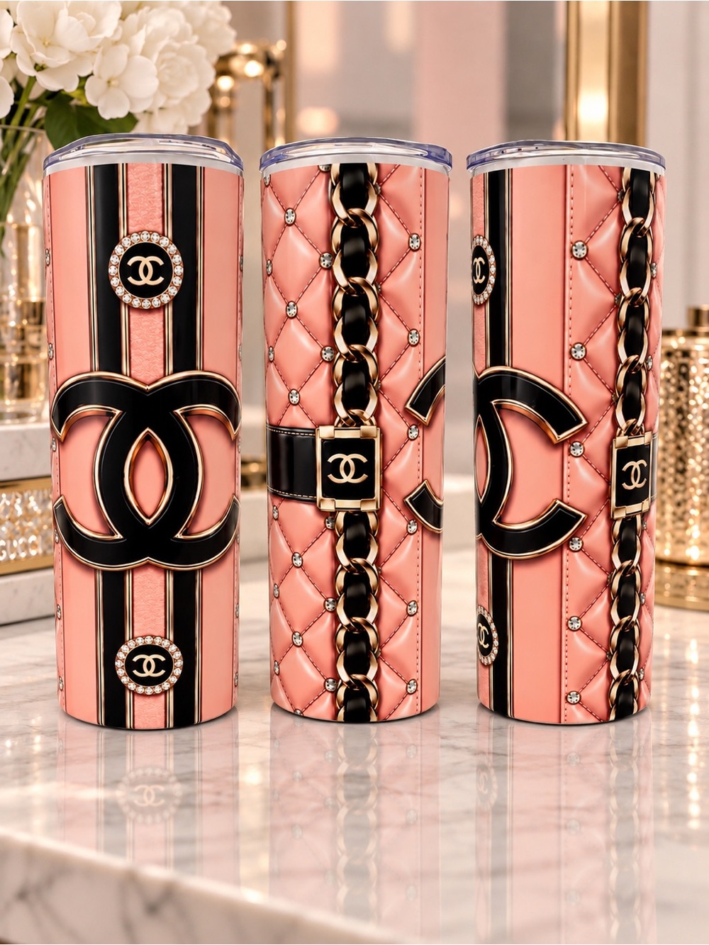 Custom Luxury Quilted Pink Chain-Accent Travel Tumbler